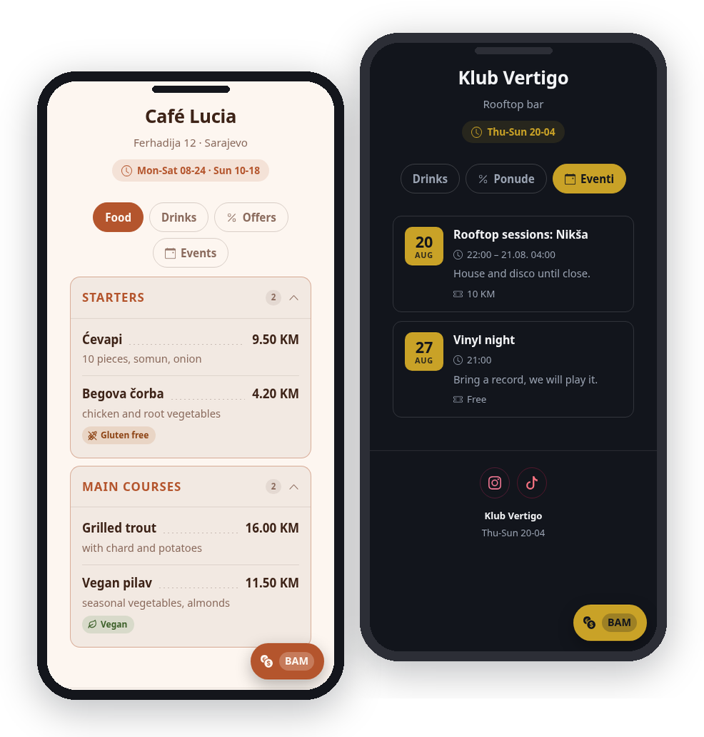 Two phones showing QR code menus: a café menu with starters and main courses, and a bar's what's-on tab listing two events in a dark theme.